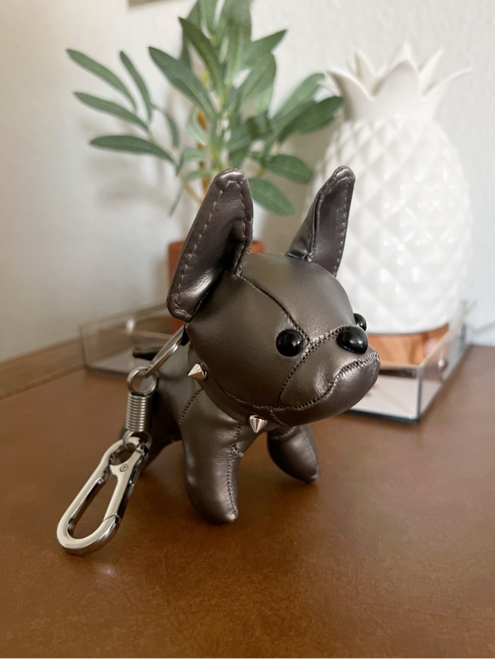 French Bulldog Leather Bag Charm Keychain Pewter